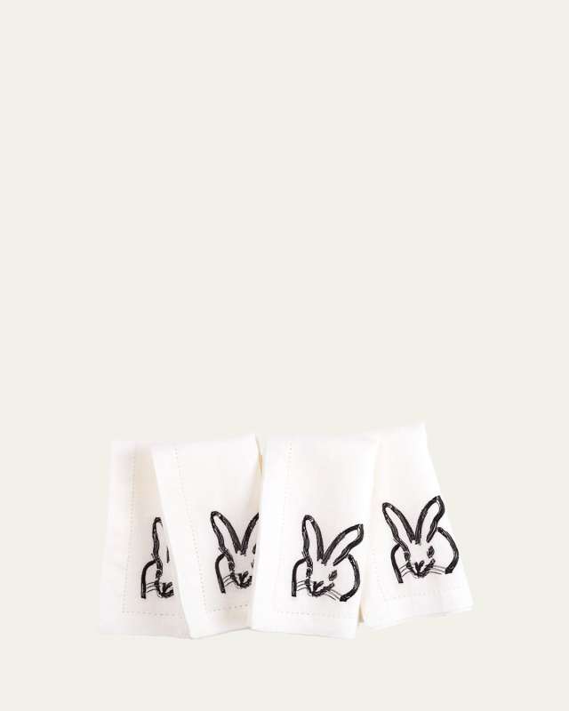 Black Painted Bunny Embroidered Linen Dinner Napkin, 20"Sq.